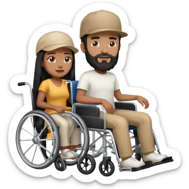 Beige skin man with a beard and cap in a wheelchair sitting next to a brown skin woman with long black hair in a wheelchair  sticker
