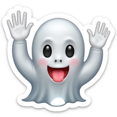 ghost emoji with tongue out with one hand up and one down and 6 above the left hand and 7 above the right hand sticker