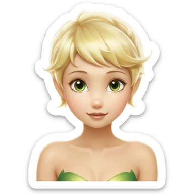 Cinematic Realistic Blonde Tinker Bell Fairy Portrait, depicted with lifelike, delicate skin glowing with a subtle radiant aura, soft natural lighting accentuating her gentle features, and intricately detailed golden blonde hair styled in a whimsical pixie cut. Her iridescent, translucent wings shimmer with delicate fairy dust, and her expressive, sparkling eyes reflect a world of magic. Adorned in a subtle blend of woodland greens and soft pastel accents, the portrait exudes an enchanting glow that seamlessly merges realism with fairy charm. sticker