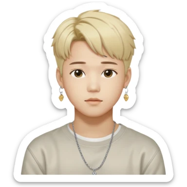 Illustrate a Korean male idol with blond dyed hair, earrings, casual streetwear & confident pose, inspired by Jimin of BTS. sticker