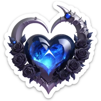 Make the gothic heart more dramatic: deepen the blue glass, enlarge the silver crescent moon, add more black roses, increase sparkling stardust, make the lightning bolt crack more vivid, enhance the wet glossy finish, exaggerate fractured glass, and add a glowing aura for a dramatic effect. sticker