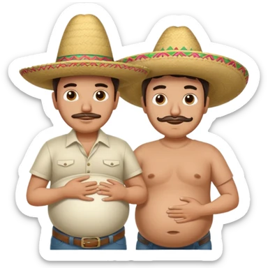 only two men standing besides each other. 1 man is white and not pregnant, and the other man is mexican wearing a sombrero and pregnant, holding his belly.  sticker