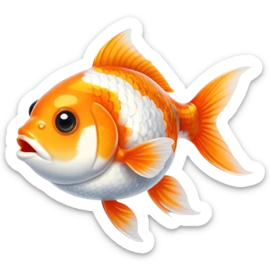 Cinematic Cute Orange and White Goldfish Portrait Emoji, Head tilted playfully and inquisitively, featuring a glossy, vibrant body adorned with a striking mix of orange and white, round, sparkling golden eyes filled with curiosity, Simplified yet irresistibly adorable features, highly detailed, glowing with a warm, friendly glow, high shine, affectionate and lively, stylized with a touch of whimsy, bright and endearing, soft glowing outline, capturing the essence of a mischievous yet loving goldfish, so playful it feels like it could swim out of the screen and into your heart! sticker