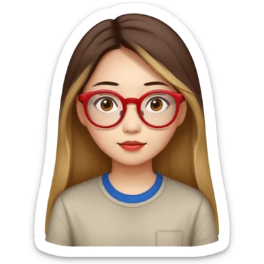 20 yr old asian woman, straight thick long brown hair, blond at tips of dark brown hair, center part to hair, big red glasses, brown eyes, casual shirt sticker