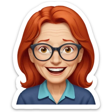 obese; older 50's ; long red hair ; women hazel eyes; glasses ; laughing sticker
