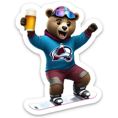 snowboard bear wearing helmet and goggles in colorado avalanche jersey doing insane tricks while holding a beer sticker