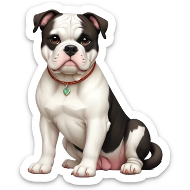 cinematic-[american bulldog]-realistic-full-body-sitting-emoji,-tail-resting-loosely-beside-its-paws,-head-tilted-dramatically,-sleek-[pied black]-fur,-simplified-yet-realistic-focused-features,-highly-detailed,-glowing-with-an-almost-sarcastic-glow sticker
