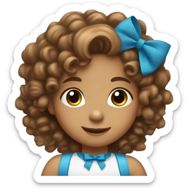 very cute little girl in a wheelchair, semi-smiling, with curly brown hair that has a little blue bow, and a tan complexion sticker