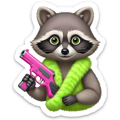 Raccoon wearing a lime green boa holding a pink gun sticker