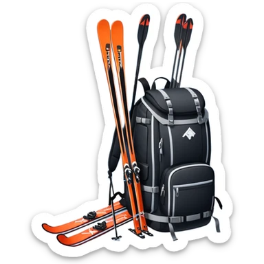 An icon showing a close-up of a biathlon backpack, a pair of skis, and a biathlon rifle resting against snow. In the background, a beautiful winter landscape with snowy trees and mountains under a clear sky. Transparent background reflects the sport’s precision and rugged endurance. sticker