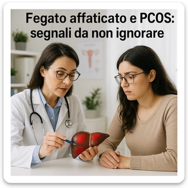 clinical scene, doctor showing a woman with PCOS an anatomical model of the liver with red zones, prevention atmosphere, Italian text: 'Fegato affaticato e PCOS: segnali da non ignorare', 4K quality sticker