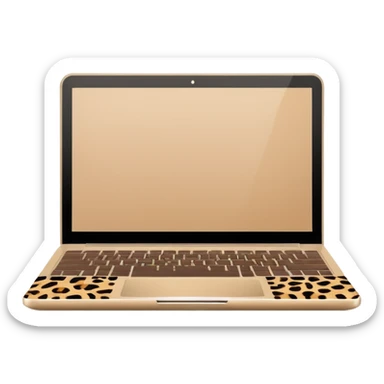minimal flat emoji of an open laptop with a leopard-print cover, clean vector lines, warm beige and brown tones, modern aesthetic, transparent background, high-quality icon sticker