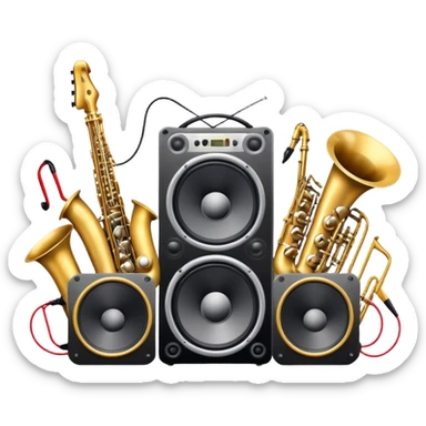 Icon for R&B Music Listening: large concert speakers and headphones with waves of musical notes coming out, along with drums, bass guitar and saxophone. The icon should convey the energetic and rhythmic vibe of R&B music. Transparent background sticker