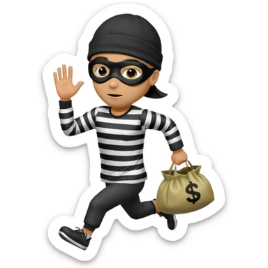 running robber wears black eye mask, black beanies and black and white stibes shirt with one brown money bag beside him sticker