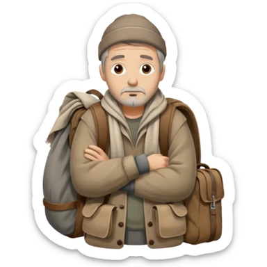 A homeless man wrapped in an old blanket, holding a backpack filled with his belongings, expression calm but weary.
 sticker