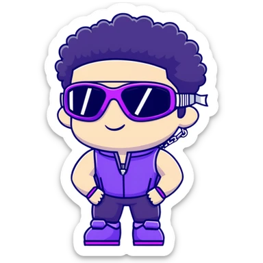 male athlete with white skin and moderately curly black hair on top with shaved sides, wearing ski goggles with purple frames and very dark black lenses, a simple plain black chain necklace, and an open shiny purple vest showing his chest and abs, no earrings sticker