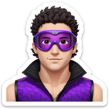 close-up of male athlete with white skin and moderately curly dark brown hair on top with shaved sides, wearing ski goggles with purple frames and very dark black lenses, a simple plain black chain necklace, and a completely unzipped sleeveless vest with purple and black sequin fire pattern design with no logo, with an arrogant smug smirk on his face, looking confident and cocky sticker