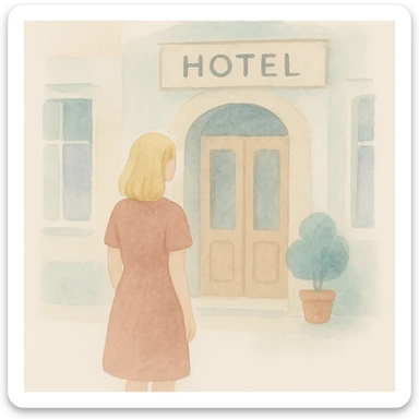 soft watercolor illustration in a minimalist, modern style, blonde woman standing in front of a hotel entrance with clear architectural details showing spatial relationship, pastel colors, delicate linework, gentle whimsical mood, minimal soft shading sticker