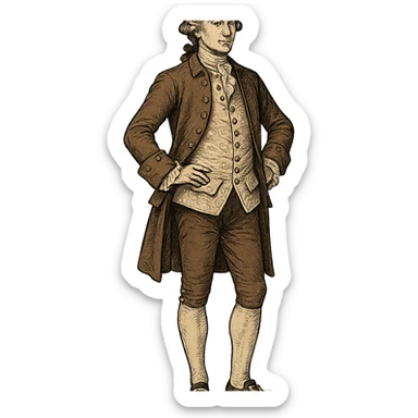 18th century gentleman standing, aristocratic fashion, waistcoat, breeches, buckled shoes, full body, no background, stylized illustration sticker