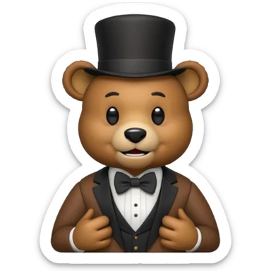 Freddy Fazbear as an emoji, standing, brown bear animatronic, black top hat, bow tie, minimal background, friendly expression sticker