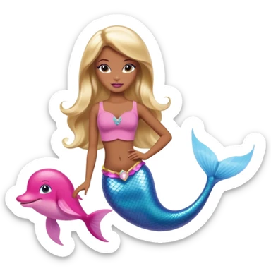 Brown skin blonde hair barbie mermaid with pink dolphin  sticker