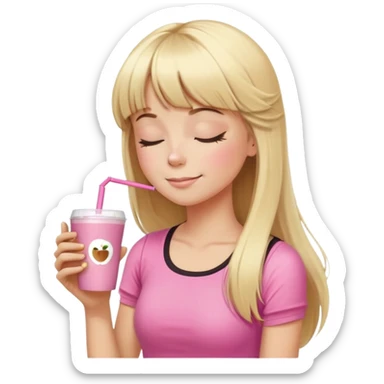 chica con un top rosa de gimnasio y pelo rubio largo con flequillo. el emoji está dibujado como los emojis de apple. la chica está absorbiendo un café con leche a través de una pajita. tiene cara de que el café está rico. tiene los ojos cerrados y se la ve de perfil  sticker