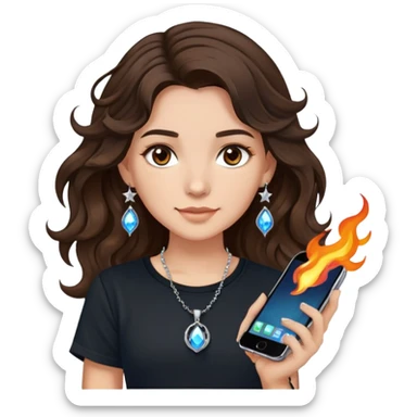 brunette girl with wavy medium length hair, brown eyes, light/medium skin tone, holding iPhone and light phone, wearing black tee shirt with flame pattern on it, small silver hoop earrings with blue gem stars, and colorful beaded charm necklace sticker