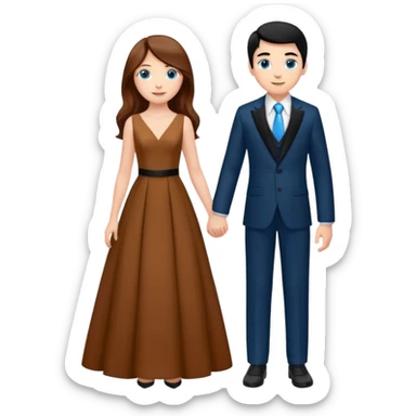 full-length happy couple, girl with long chestnut hair and blue eyes in formal gown, boy with black hair in suit sticker