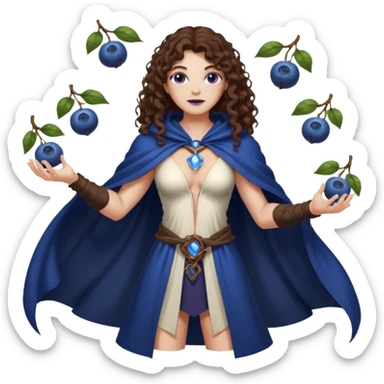 full body woman long curly brown hair brown eyes white skin tattoos muscular build blueberry forest mage cloak, glowing berry orbs floating sticker