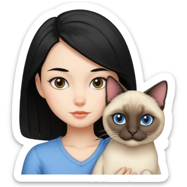 A girl with mid length black hair with siamese cat sticker