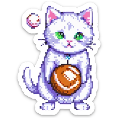 a cute cat batting a ball, pixel art style sticker