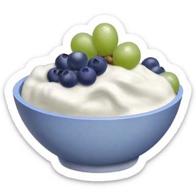 yoghurt bowl with grapes and blueberries and fruit sticker