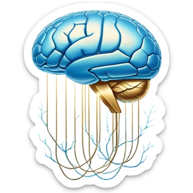 Shimmering pearlescent blue capsule floating in the foreground with an ethereal, glowing brain positioned behind it. Golden neural connections illuminate the brain. A small liver symbol nearby, all surrounded by a mystical aura of mental clarity sticker
