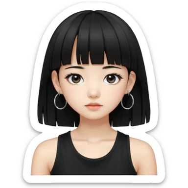 Korean girl, black tank top, black hair, black eyes, layered hair, cool girl, aesthetic, long hair, hime cut, blunt bangs, small silver hoop earrings sticker