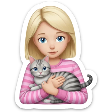 Blonde girl with blue eyes in pink shirt cuddling with grey tabby cat with dark grey stripes sticker