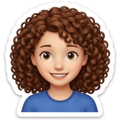 cute brown haired girl with curly hair and bright smile, make it pixar style sticker