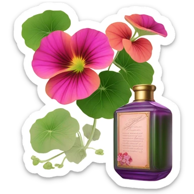 Aesthetic display of blush violet nasturtiums, an elegant deep pink perfume bottle, and a vintage love violet letter written in flowing script. sticker