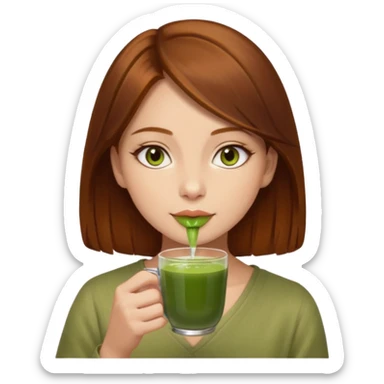 beautiful brunette with a slightly auburn hair color, with dark hazel eyes (let's call her kami), sipping matcha sticker