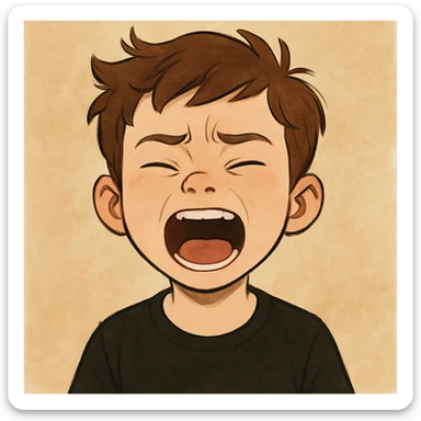 front image of a white boy with brown hair, semi-closed eyes, wide open mouth, black shirt, digital illustration, focus on emotion sticker