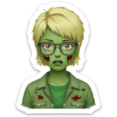 a green girl masc zombie with glasses and short blonde hair like a mullet sticker