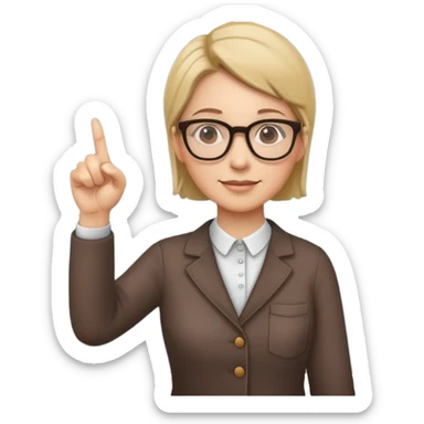 Teacher with glasses pointing at a chalkboard sticker