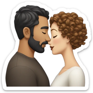White man with a smooth black hair cut fade and a black beard kissing a White woman with long brown curly hair sticker