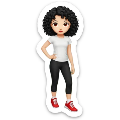generate a pretty bratz fair skinned girl with curly black hair wearing a white tshirt trekking on a hill with red sneakers on and black leggings.  Put a hill behind her sticker