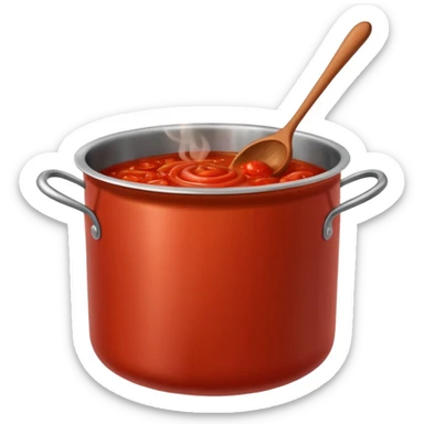 Big cauldron of tomato sauce being cooked in a tall stainless steel pot with a massive wooden spoon   sticker
