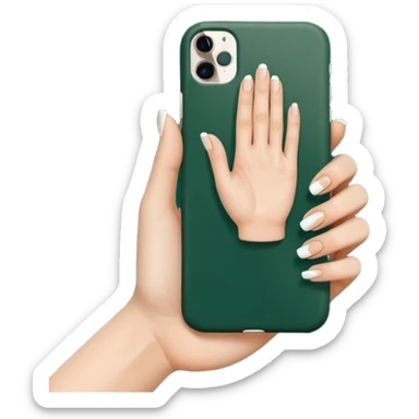 female hand with nude manicure (5 fingers) holding a white iPhone in a dark green case, angled view, minimalism, emoji style sticker