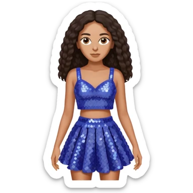 Solange with dark brown long hair, periwinkle sequin crop top and skirt sticker