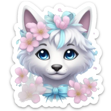 Anthro Cute Cool Pastel Kawaii gorgeous sparkly ethereal fantasy animal creature with blue eyes furry sona with flowers and ribbons beautiful aesthetic sticker