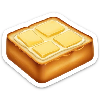 Cinematic warm toasted bread, golden-brown edges, butter melting into the surface, slightly crispy texture, simple and comforting, warm glowing background, inviting and homely. sticker
