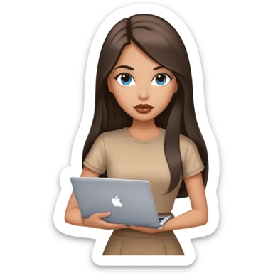 Glamours tanned very beautiful girl with big pump peach lips and dark chocolate straight smooth long hair, blue-grey eyes in brown/beige short sleeves clothing with MacBook sticker