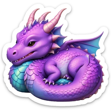 Meme-Worthy Cute Sleeping Dragon Portrait Emoji, Head resting peacefully with a contented smile, showcasing a sinuous, graceful build and a luxuriously soft, iridescent scaled body, eyes gently closed in serene, magical slumber, Simplified yet hilariously adorable features, highly detailed, glowing with a soft, drowsy mystical light, high shine, relaxed and utterly lovable, stylized with an air of playful fantasy, soft glowing outline, capturing the essence of a sleeping dragon that feels destined to become the next viral sensation of enchanted rest! sticker
